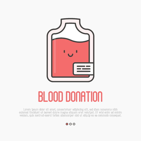 Blood donation concept: thin line blood bag icon with happy face. Vector illustration.のイラスト素材