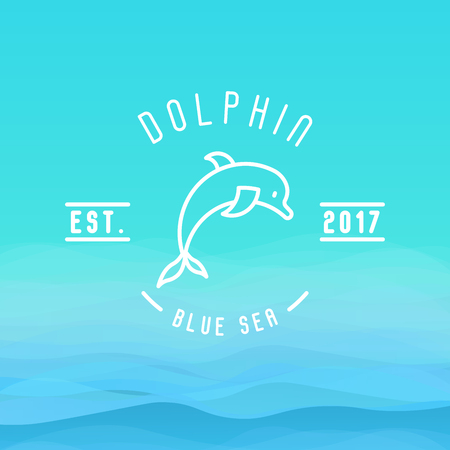Logo with thin line icon of dolphin jumping above waves for branding identity of hotels, tourist business, spa, beach service, healthcare, holidays, resorts or hotel by the ocean. のイラスト素材