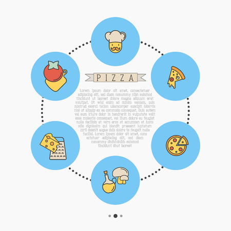 Pizza circle concept with thin line icons for menu design of restaurant or pizzeria. Vector illustration.のイラスト素材