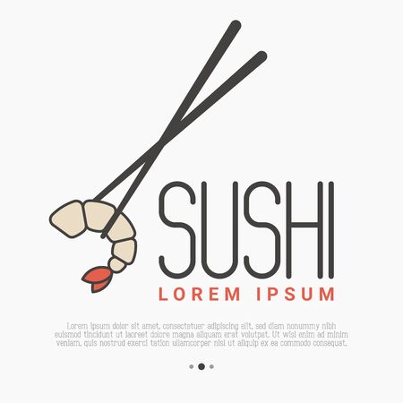 Logo with shrimp and chopsticks for sushi bar, cafe, restaurant. Thin line vector illustration.のイラスト素材