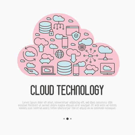 Cloud computing technology concept with thin line icons related to hosting, server storage, cloud management, data security, mobile and desktop memory. Vector illustration.のイラスト素材