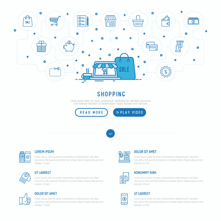 Shopping, e-commerce concept with thin line icons: cash box, payment, pos terminal, piggy bank, sale, currency, credit card, trolley vector illustration, template for web page.のイラスト素材