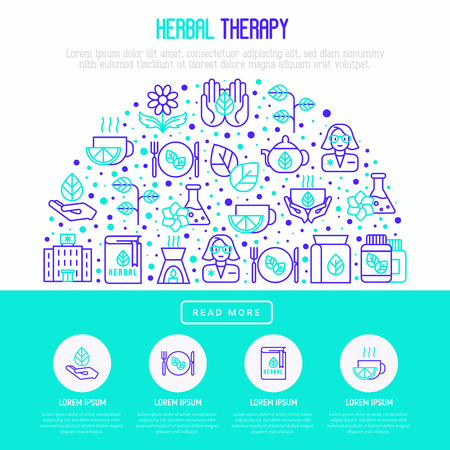 Herbal therapy concept in half circle with thin line icons: herbalist, aromatic oil, oil burner, tea vector illustration for banner, web page, print media.のイラスト素材