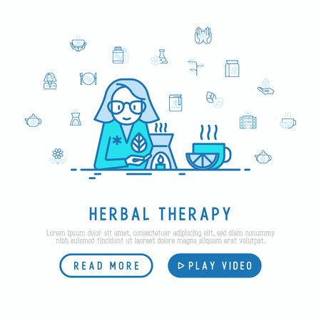 Herbalist at work concept with thin line icons: decoration, aromatic oil, oil burner, tea. Template of web page vector illustration.のイラスト素材