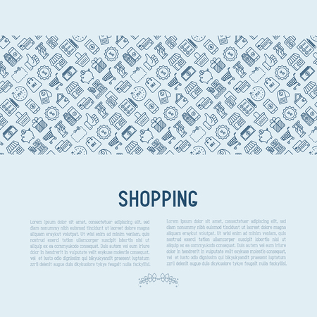 Shopping concept with thin line icons: cash box, payment, pos terminal, piggy bank, sale, currency, credit card, trolley vector illustration for banner, print media.のイラスト素材