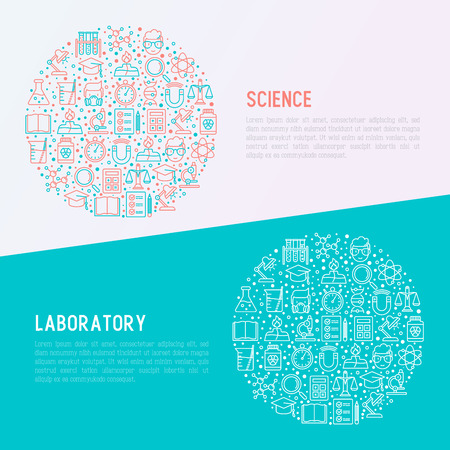 Science and laboratory concept in circle with thin line iconsのイラスト素材