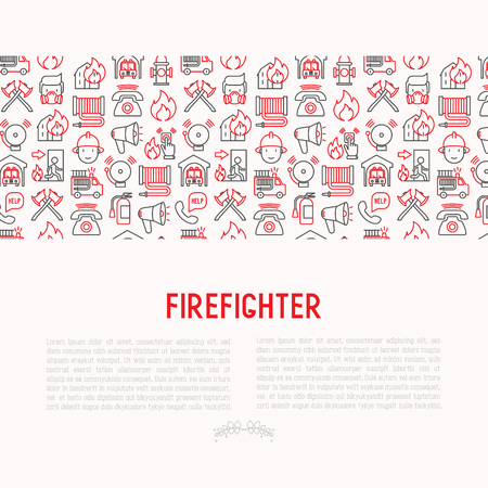 Firefighter concept with thin line icons: fire, extinguisher, axes, hose, hydrant. Modern vector illustration for banner, web page, print media.のイラスト素材