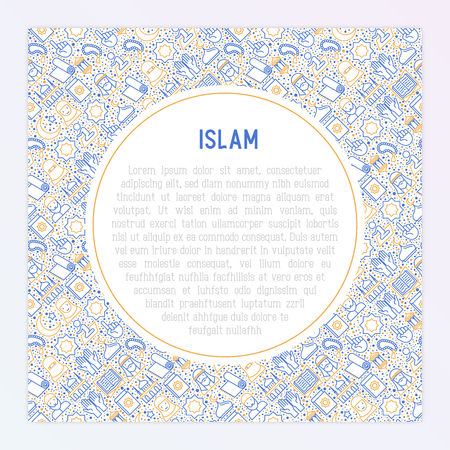 Islamic concept with thin line icons: mosque, carpet, rosary, prayer, koran, moslem. Modern vector illustration, template for web page.のイラスト素材