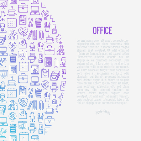 Office concept with thin line icons of manager, coffee machine, chair, career growth, e-mail, folders, watercooler, lamp. Vector illustration for banner, web page, print media.のイラスト素材