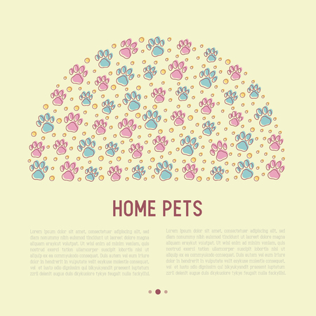 Pet paws concept in half circle with place for text. Thin line vector illustration for pet shop, training. shelter.のイラスト素材