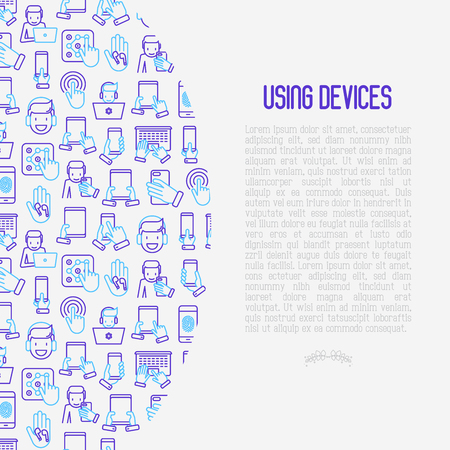 Using devices concept with thin line icons: gadget, tablet in hands, touchscreen, fingerprint, laptop, wireless headphones. Modern vector illustration for banner, web page, print media.のイラスト素材