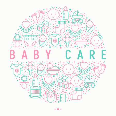 Baby care concept in circle with thin line icons: newborn, diaper, pacifier, crib, footprints, bathtub with bubbles. Vector illustration for banner, web page, print media.のイラスト素材