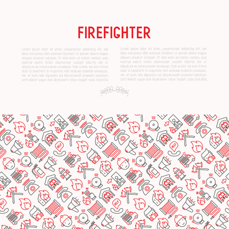 Firefighter concept with thin line icons: fire, extinguisher, axes, hose, hydrant. Modern vector illustration for banner, web page, print media.のイラスト素材