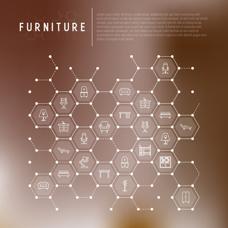 Furniture concept in honeycombs with thin line icons of coach, bookcase, bed,  dresser, chair, lamp, floor hanger. Modern vector illustration for banner, web page, print media.のイラスト素材
