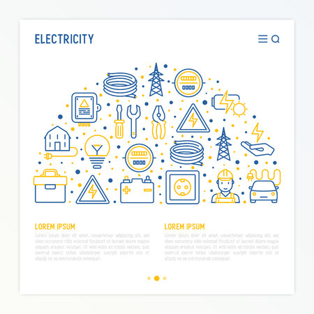 Electricity concept in half circle with thin line icons: electrician, bulb, pylon, toolbox, cable, electric car, hand, solar battery. Vector illustration for banner, web page, print media.のイラスト素材