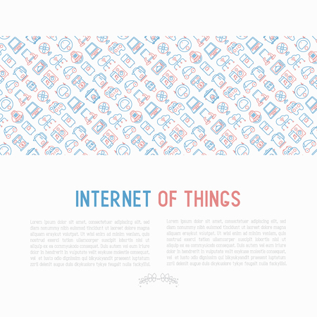 Internet of things concept with thin line icons: laptop, smart watch, cloud computing technology, kettle, speaker, smart car, robot vacuum. Vector illustration for banner, web page, print media.のイラスト素材