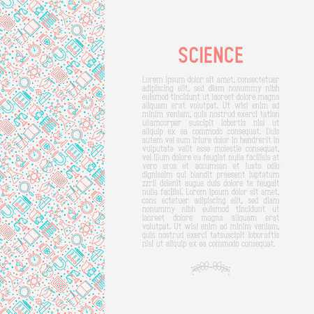 Science and laboratory concept with thin line icons of scientist, dna, microscope, scales, magnet, respirator, spirit lamp. Vector illustration for banner, web page, print media.のイラスト素材