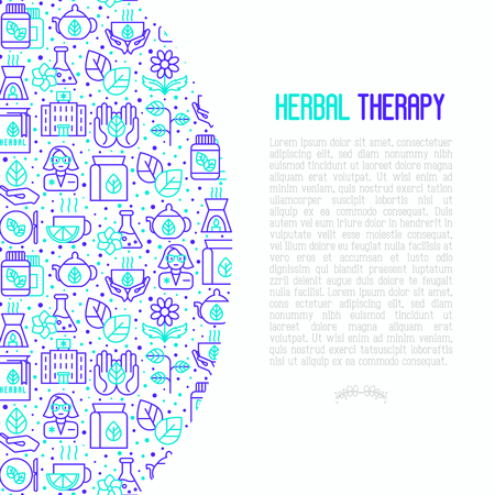 Herbal therapy concept with thin line icons: herbalist, decoction, aromatic oil, oil burner, tea. Vector illustration for banner, web page, print media.のイラスト素材