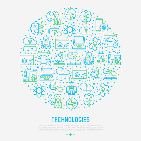 Technologies concept in circle with thin line icons of: electric car, rocket, robotics, solar battery, machine intelligence, web development. Vector illustration for banner, web page, print media.のイラスト素材