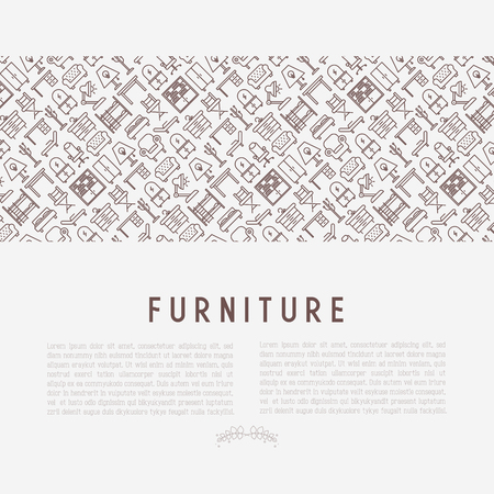 Furniture concept with thin line icons of coach, bookcase, bed, dresser, chair, lamp, floor hanger. Modern vector illustration for banner, web page, print media.のイラスト素材