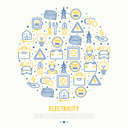 Electricity concept in circle with thin line icons: electrician, bulb, pylon, toolbox, cable, electric car, hand, solar battery. Vector illustration for banner, web page, print media.のイラスト素材