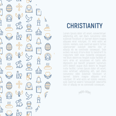 Christianity concept with thin line icons of priest, church, nun, crucifixion, Jesus, bible, dove. Vector illustration for banner, web page, print media.のイラスト素材