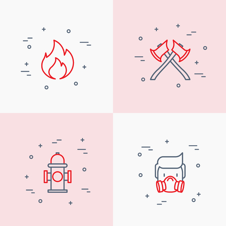 Firefighter thin line icons set: fire, respirator, axes, hydrant. Modern vector illustration.のイラスト素材