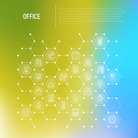 Office concept in honeycombs with thin line icons of manager, coffee machine, chair, career growth, e-mail, folders, water cooler, lamp. Vector illustration for banner, web page, print media.のイラスト素材