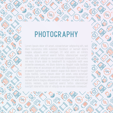 Photography concept with thin line icons of photographer, film, crop, flash, focus, light, panorama. Vector illustration for banner, web page, print media.のイラスト素材