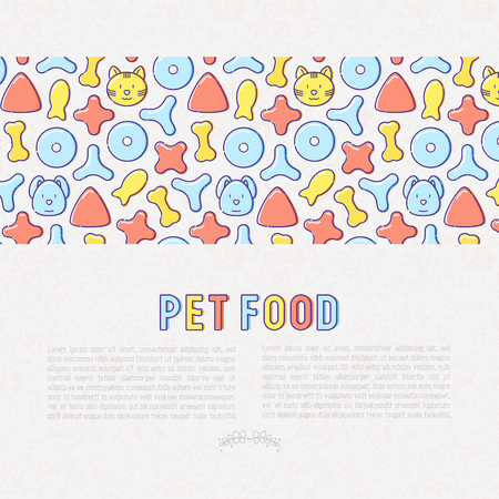 Pet food concept with thin line icons of dry food in different shapes and cute dog and cat. Modern vector illustration for banner or web page.のイラスト素材