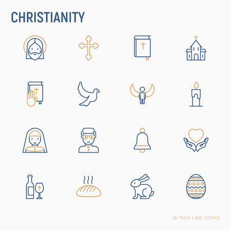 Concept of Christianity, thin line icons set of priest, church, nun, crucifixion, Jesus, bible, dove vector illustration.のイラスト素材