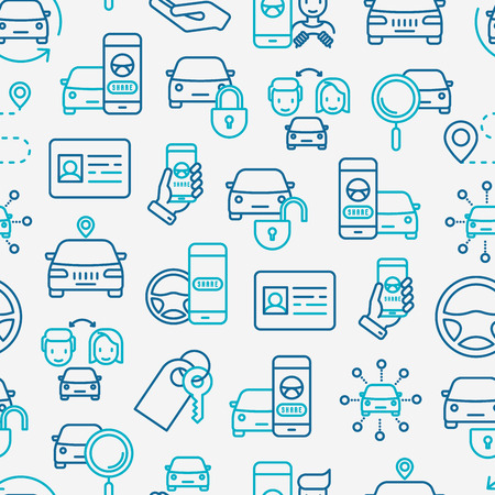 Car sharing seamless pattern with thin line icons of driver's license, key, blocked car, pointer, available, searching of car vector illustration for banner, web page, print media.のイラスト素材