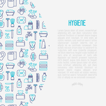 Hygiene concept with thin line icons: hand soap, shower, bathtub, toothpaste, razor, shaving brush, sanitary napkin, comb, ball deodorant, mouth rinse vector illustration.のイラスト素材