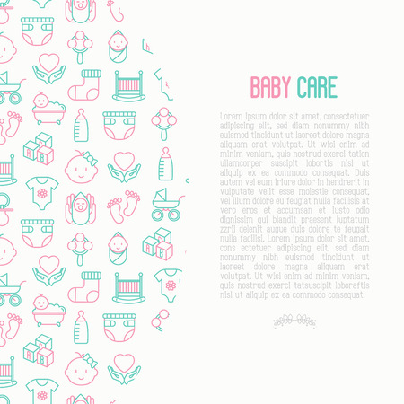 Baby care concept with thin line icons: newborn, diaper, pacifier, crib, footprints, bathtub with bubbles. For banner, web page, print media vector illustration.のイラスト素材
