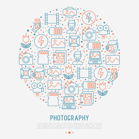 Photography concept in circle with thin line icons of photographer, film, crop, flash, focus, light, panorama. For banner, web page, print media vector illustration.のイラスト素材