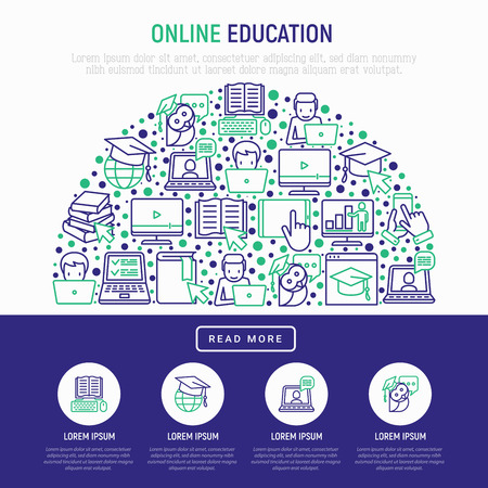 Online education concept in half circle with thin line icons.のイラスト素材