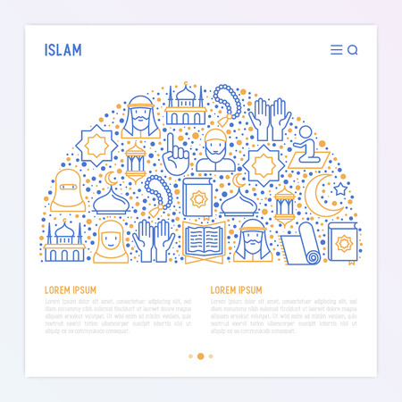 Islamic concept in half circle with thin line icons: mosque, carpet, rosary, prayer, koran, moslem. Modern vector illustration, template for web page.のイラスト素材