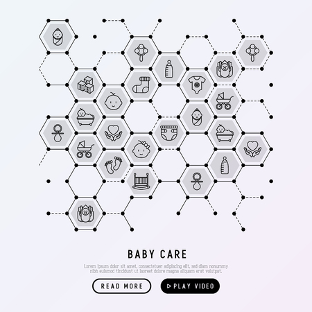 Baby care concept in honeycombs with thin line icons: newborn, diaper, pacifier, crib, footprints, bathtub with bubbles. Vector illustration for banner, web page, print media.のイラスト素材