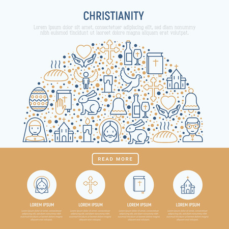 Concept of Christianity in half circle with thin line icons of priest, church, nun, crucifixion, Jesus, bible, dove. Illustration for banner, web page, print media.のイラスト素材