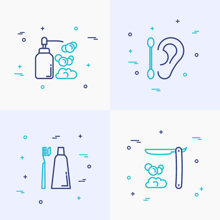 Hygiene thin line icons set, hand soap, cotton swab, toothbrush, toothpaste, cutthroat. Modern vector illustration.のイラスト素材