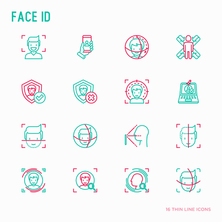Face ID thin line icons set: face recognition, scanning, mobile authentication, approved, disapproved, face detect. Modern vector illustration.のイラスト素材