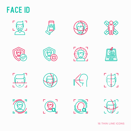 Face ID thin line icons set: face recognition, scanning, mobile authentication, approved, disapproved, face detect. Modern vector illustration.