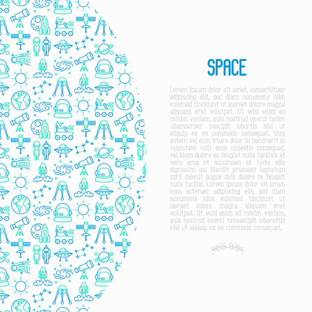 Space concept with thin line icons: rocket, Earth,  space station, telescope, alien, meteorite. Modern vector illustration for banner, print media, web page.のイラスト素材