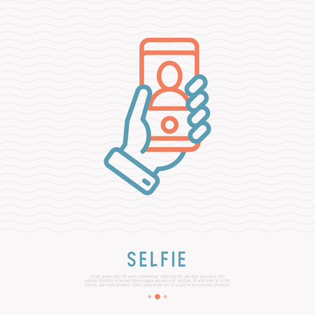Selfie thin line icon. Hand holding smartphone with silhouette. Modern vector illustration.のイラスト素材
