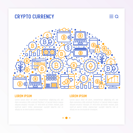 Cryptocurrency concept in half circle with thin line icons set:bitcoin, exchange, wallet, online banking, coin, payment. Modern vector illustration for banner, web page.のイラスト素材