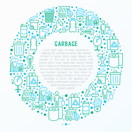 Garbage concept in circle with thin line icons: garbage bin, organic trash, garbage truck, glass, recycled paper, aluminium, battery, plastic bottle. Modern vector illustration for web page.のイラスト素材