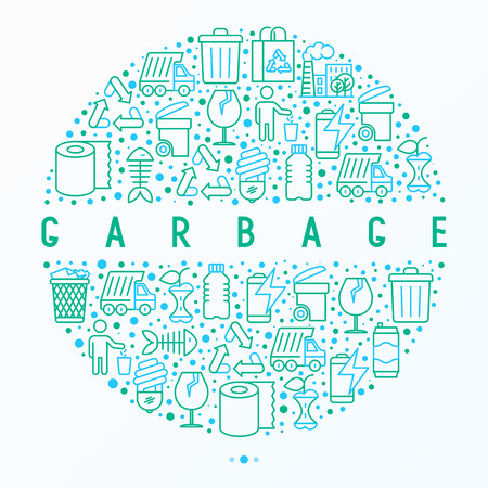 Garbage concept in circle with thin line iconsのイラスト素材