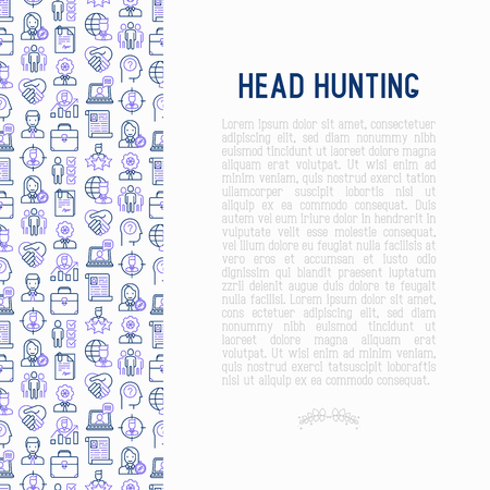 Head hunting concept with thin line icons: employee, hr manager, focus, resume; briefcase; achievements; career growth, interview. Vector illustration for banner, web page, print media.のイラスト素材