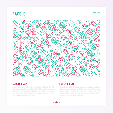 Face ID concept with thin line icons: face recognition, scanning, mobile authentication, approved, disapproved, face detect. Modern vector illustration, template for web page.のイラスト素材
