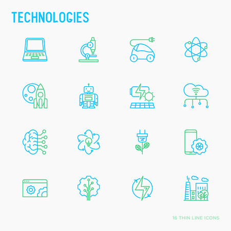 Technologies thin line icons set: electric car, rocket, robotics, solar battery, machine intelligence, web development. Vector illustration.のイラスト素材